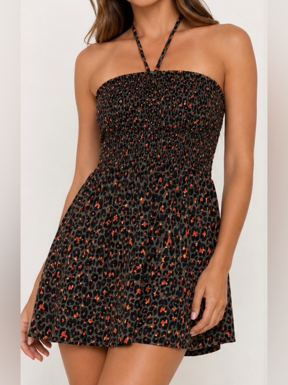 Strapless Smocked Leopard Print Maxi Dress - Black & Rust